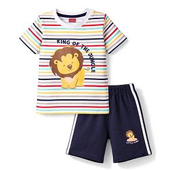 Babyhug Cotton Knit Half Sleeves T-Shirt & Shorts Night Suit with Lion Print - White