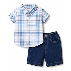 Babyhug Cotton Woven Half Sleeves Checked Shirt & Denim Shorts Set - Navy Blue