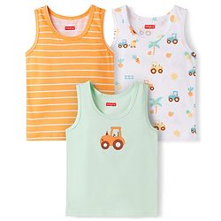 Babyhug 100% Cotton Knit Sleeveless Striped & Tractor Printed Vests Pack of 3 - Multicolor