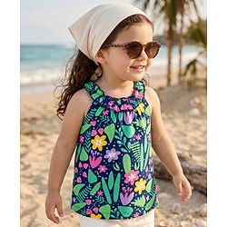 Babyhug 100% Cotton Knit Sleeveless Floral Printed Top - Multicolour