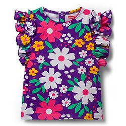 Babyhug Cotton Knit Frill Sleeves Top with Floral Print - Multicolor
