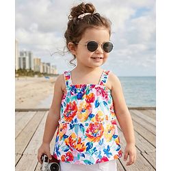 Babyhug Cotton Knit Sleeveless Top With Floral Print - Multicolor