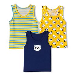Babyhug 100% Cotton Single Jersey Knit Sleeveless Striped Sando With Panda & Star Print Pack of 3 - Blue, Yellow, Green