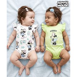 Babyhug Disney Interlock Knit Frill Sleeves Onesies with Minnie Mouse Graphic Pack of 2 - White & Green
