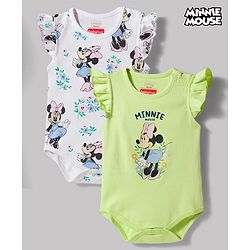 Babyhug Disney Interlock Knit Frill Sleeves Onesies with Minnie Mouse Graphic Pack of 2 - White & Green