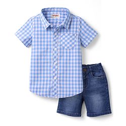 Babyhug Cotton Woven Half Sleeves Checks Shirt & Denim Shorts Set - Blue