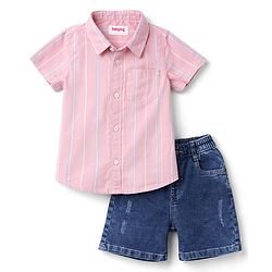 Babyhug Cotton Woven Half Sleeves Striped Shirt & Denim Shorts Set - Peach & Blue