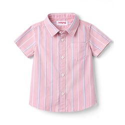 Babyhug Cotton Woven Half Sleeves Striped Shirt & Denim Shorts Set - Peach & Blue