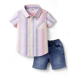 Babyhug Cotton Woven Half Sleeves Striped Shirt & Denim Shorts Set - Multicolor