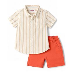 Babyhug Cotton Woven Half Sleeves Striped Shirt & Shorts Set - Rust Orange