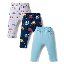 Babyhug Interlock Cotton Knit Full Length Vehicles Printed Diaper Leggings Pack Of 3 - Multicolor