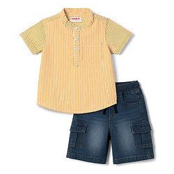Babyhug 100% Cotton Woven Half Sleeves Striped Shirt & Denim Shorts Set - Beige