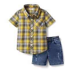 Babyhug Cotton Woven Half Sleeves Checks Shirt & Denim Shorts Set - Yellow & Blue