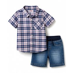 Babyhug Cotton Woven Half Sleeves Checked Shirt & Denim Shorts Set - Multicolor