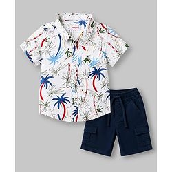 Babyhug 100% Cotton Woven Half Sleeves Shirt & Shorts Set Palm Tree Print - White & Blue
