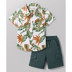 Babyhug Cotton Woven Half Sleeves Shirt & Shorts Set With Leaf Print - Multicolor