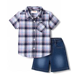 Babyhug Cotton Woven Half Sleeves Checked Shirt & Denim Shorts Set - Blue