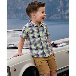 Babyhug 100% Cotton Woven Half Sleeves Checked Shirt & Denim Shorts Set - Beige