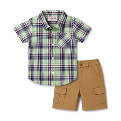 Babyhug 100% Cotton Woven Half Sleeves Checked Shirt & Denim Shorts Set - Beige