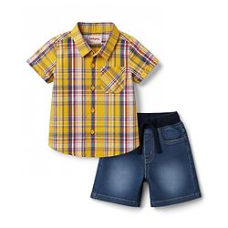 Babyhug Cotton Woven Half Sleeves Checked  Shirt & Denim Shorts Set - Yellow & Blue