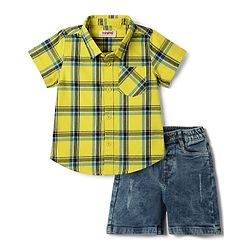 Babyhug Cotton Woven Half Sleeves Checked Shirt & Denim Shorts Set - Yellow & Blue