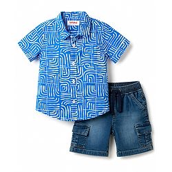 Babyhug Cotton Woven Half Sleeves Abstract Printed Shirt & Denim Shorts Set - Blue
