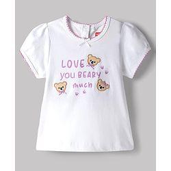 Babyhug Single Jersey Knit Half Sleeves Bear Embroidered & Printed Top & Shorts Set with Bow Applique - White & Pink