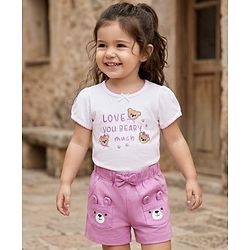 Babyhug Single Jersey Knit Half Sleeves Bear Embroidered & Printed Top & Shorts Set with Bow Applique - White & Pink