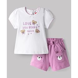 Babyhug Single Jersey Knit Half Sleeves Bear Embroidered & Printed Top & Shorts Set with Bow Applique - White & Pink