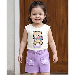 Babyhug Single Jersey Knit Sleeveless Top & Shorts Set With Teddy Bear Patch - White & Purple