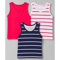 Babyhug 100% Cotton Knit Striped Sleeveless Vests Pack of 3 -white, Navy Blue & Pink