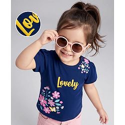 Babyhug 100% Cotton Knit Half Sleeves Floral Printed T-Shirt - Navy Blue