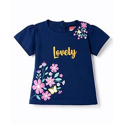 Babyhug 100% Cotton Knit Half Sleeves Floral Printed T-Shirt - Navy Blue