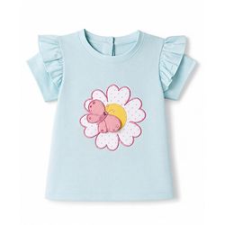 Babyhug 100% Cotton Knit Half Sleeves T-Shirt with Floral & Butterfly Applique - Sky Blue