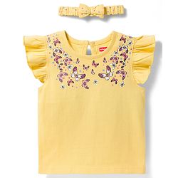 Babyhug Cotton Knit Frill Sleeves T-Shirt With Butterfly Print & Headband - Yellow