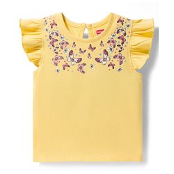 Babyhug Cotton Knit Frill Sleeves T-Shirt With Butterfly Print & Headband - Yellow