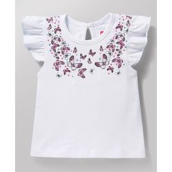Babyhug Cotton Knit Frill Sleeves T-Shirt with Headband & Butterfly Print - White