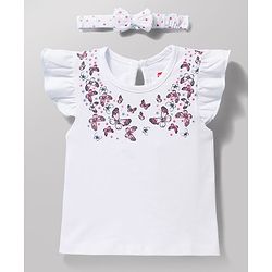 Babyhug Cotton Knit Frill Sleeves T-Shirt with Headband & Butterfly Print - White