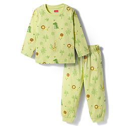 Babyhug Cotton Knit Full Sleeves Jungle Theme Printed Co-Ords T-Shirt & Pyjama Night Suit - Light Green