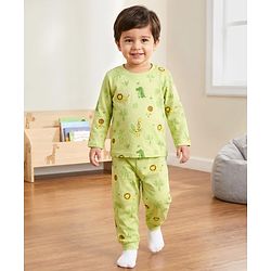 Babyhug Cotton Knit Full Sleeves Jungle Theme Printed Co-Ords T-Shirt & Pyjama Night Suit - Light Green