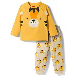 Babyhug Cotton Knit Full Raglan Sleeves Tiger Printed T-Shirt & Pyjama Night Suit with Applique- Yellow