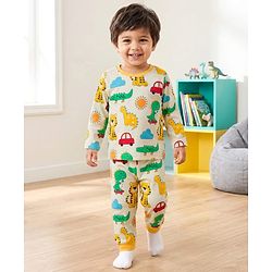 Babyhug Cotton Knit Full Sleeves T-Shirt & Pyjama Co-ord Night Suit with Animal Print - White
