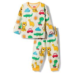Babyhug Cotton Knit Full Sleeves T-Shirt & Pyjama Co-ord Night Suit with Animal Print - White