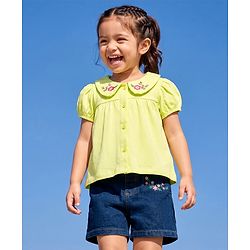 Babyhug Single Jersey Knit Peter Pan Collar Half Sleeves Top & Shorts Set with Floral Embroidery - Limegreen & Navy Blue