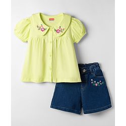 Babyhug Single Jersey Knit Peter Pan Collar Half Sleeves Top & Shorts Set with Floral Embroidery - Limegreen & Navy Blue