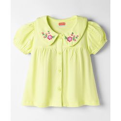 Babyhug Single Jersey Knit Peter Pan Collar Half Sleeves Top & Shorts Set with Floral Embroidery - Limegreen & Navy Blue
