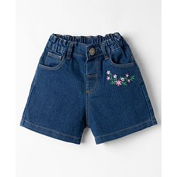 Babyhug Single Jersey Knit Peter Pan Collar Half Sleeves Top & Shorts Set with Floral Embroidery - Limegreen & Navy Blue