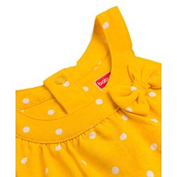 Babyhug Single Jersey Knit Sleeveless Layered Top & Denim Shorts Set with Bow Applique & Polka Dot Print - Yellow & White