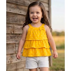 Babyhug Single Jersey Knit Sleeveless Layered Top & Denim Shorts Set with Bow Applique & Polka Dot Print - Yellow & White