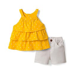 Babyhug Single Jersey Knit Sleeveless Layered Top & Denim Shorts Set with Bow Applique & Polka Dot Print - Yellow & White